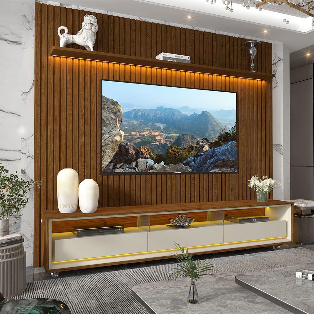 Painel e Rack Ripado com LED e Rodízio Nobre 230 Castanho Off White - Gelius