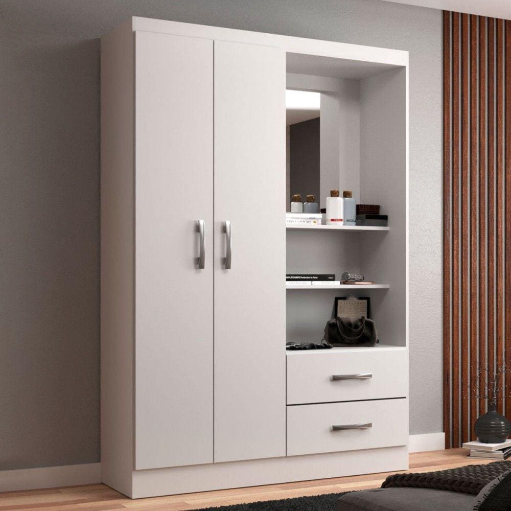 Guarda-Roupa Solteiro Capelinha 2 Portas 2 Gavetas com Espelho Branco - Evidência Móveis