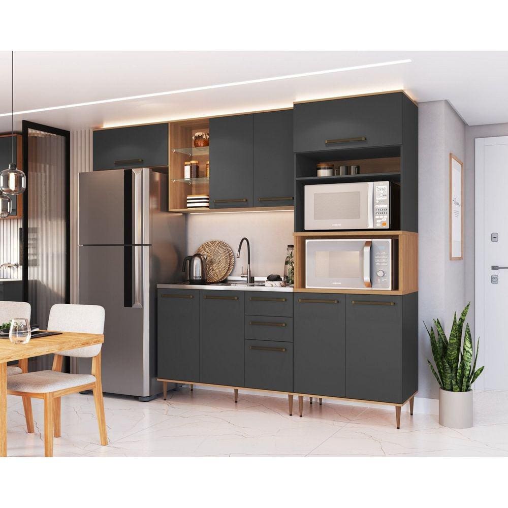 Cozinha Modulada Compacta Isabelle 4peças com Torre Quente para 2 Fornos Freijó/Grafite
