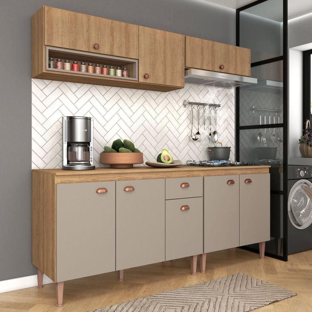Cozinha Modulada Marti 06 com Tampo 5 Peças Mel/Cinza
