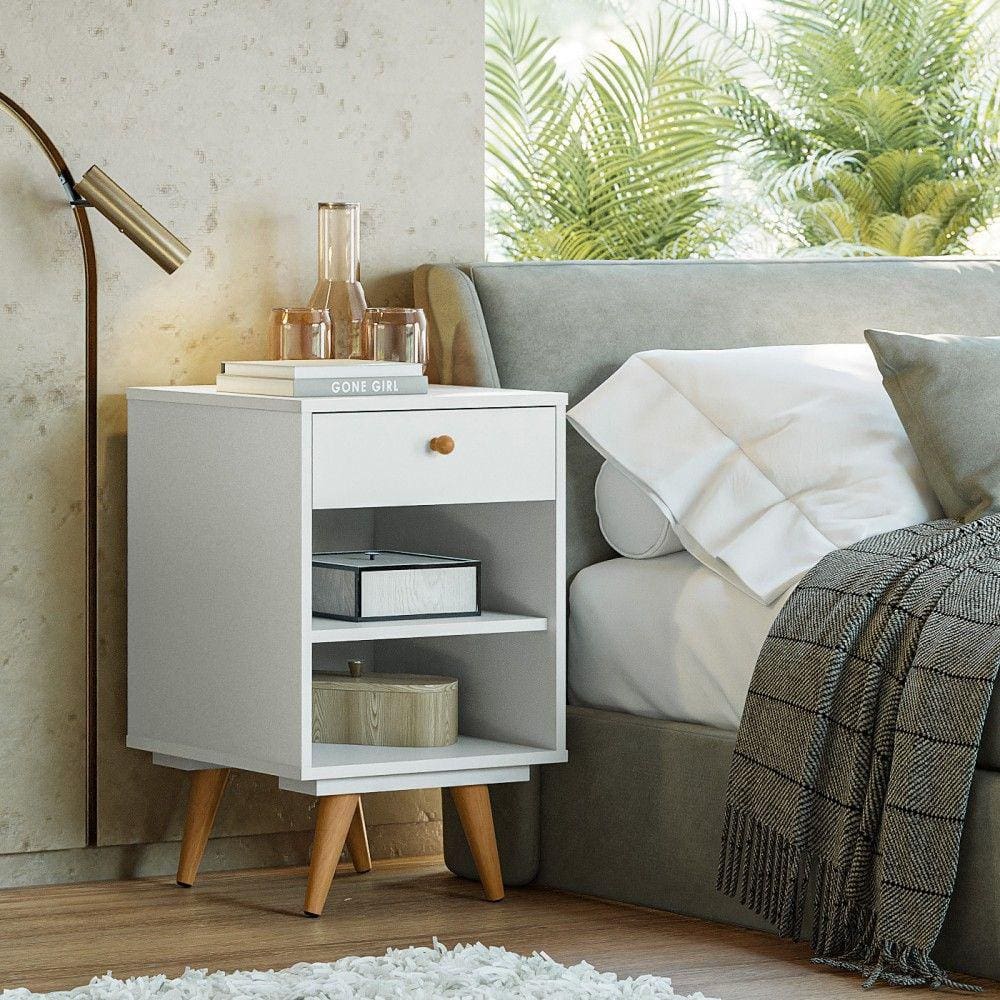 Mesa Cabeceira Retro Plus 1 Gaveta Branco - Olivar Móveis