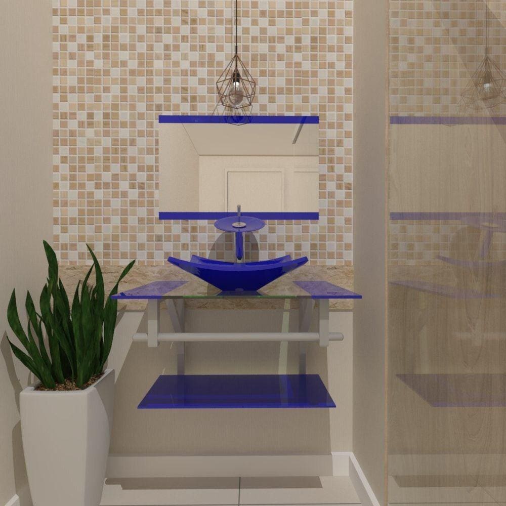 Gabinete de Vidro 60cm com Cuba Quadrada Azul Escuro