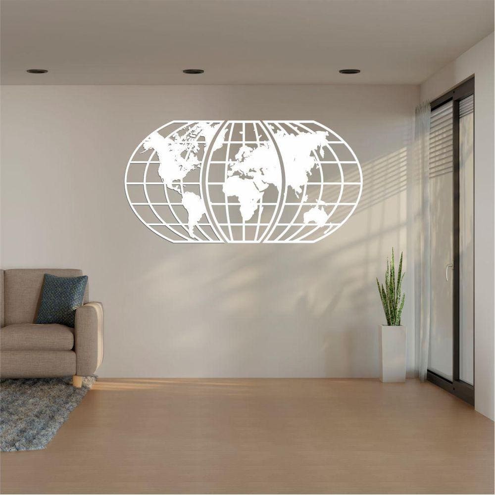 Quadro Decoração Vazado Mapa Mundi World Triplo Branc 100X51