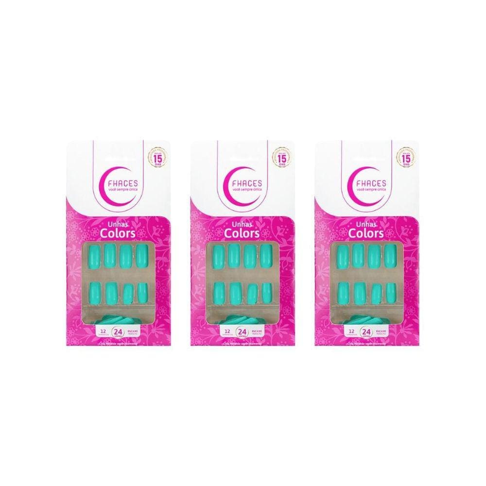 Unhas Postiças Fhaces Brilho E Fosco Azul Piscina- Kit C/3Un
