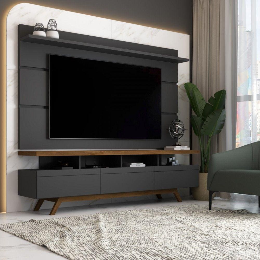 Rack com Painel para TV Até 72 Polegadas Armênia 3 Gavetas Black/Freijó - Panorama Móveis