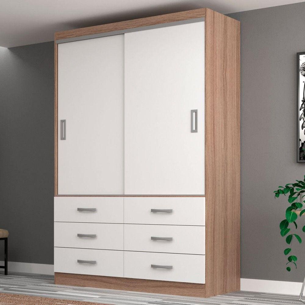 Guarda-Roupa Solteiro Veneza 2 Portas 6 Gavetas Demolição/Branco - Evidência Móveis
