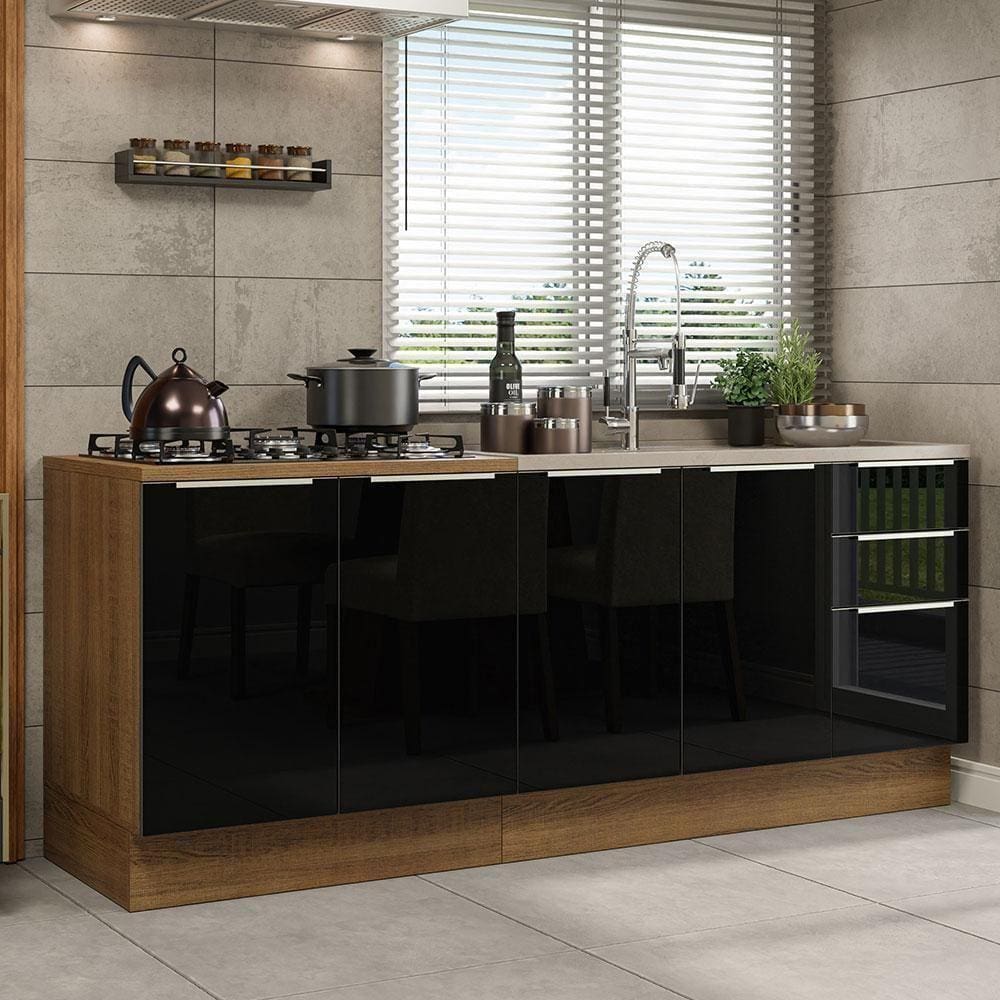 Kit Com 2 Balcões De Cozinha 4 Portas 3 Gavetas Rustic/Preto