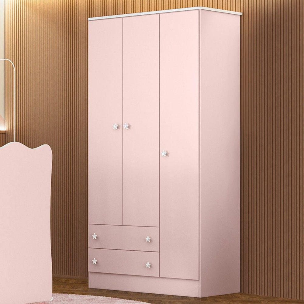 Guarda-Roupa de Bebê Doce Sonho 3 Portas 2 Gavetas Rosa Acetinado - Qmovi