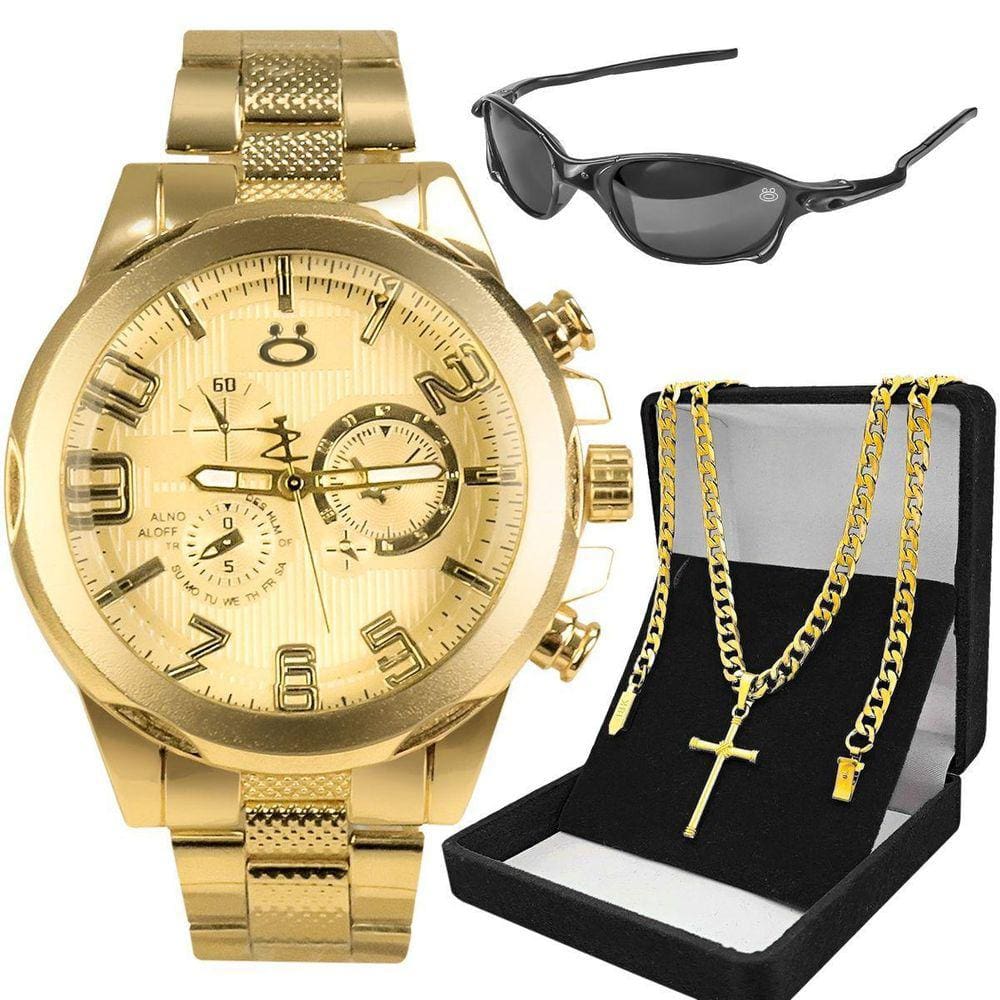 Relogio Masculino Aço Inox Banhado + Oculos Sol + Cordão