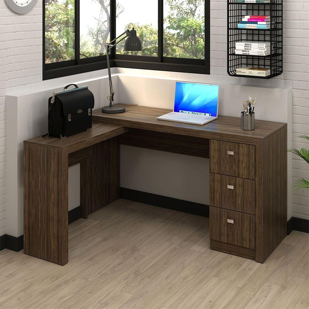 Mesa Escrivaninha em L para Escritório 3 Gavetas 136x113cm Nogal