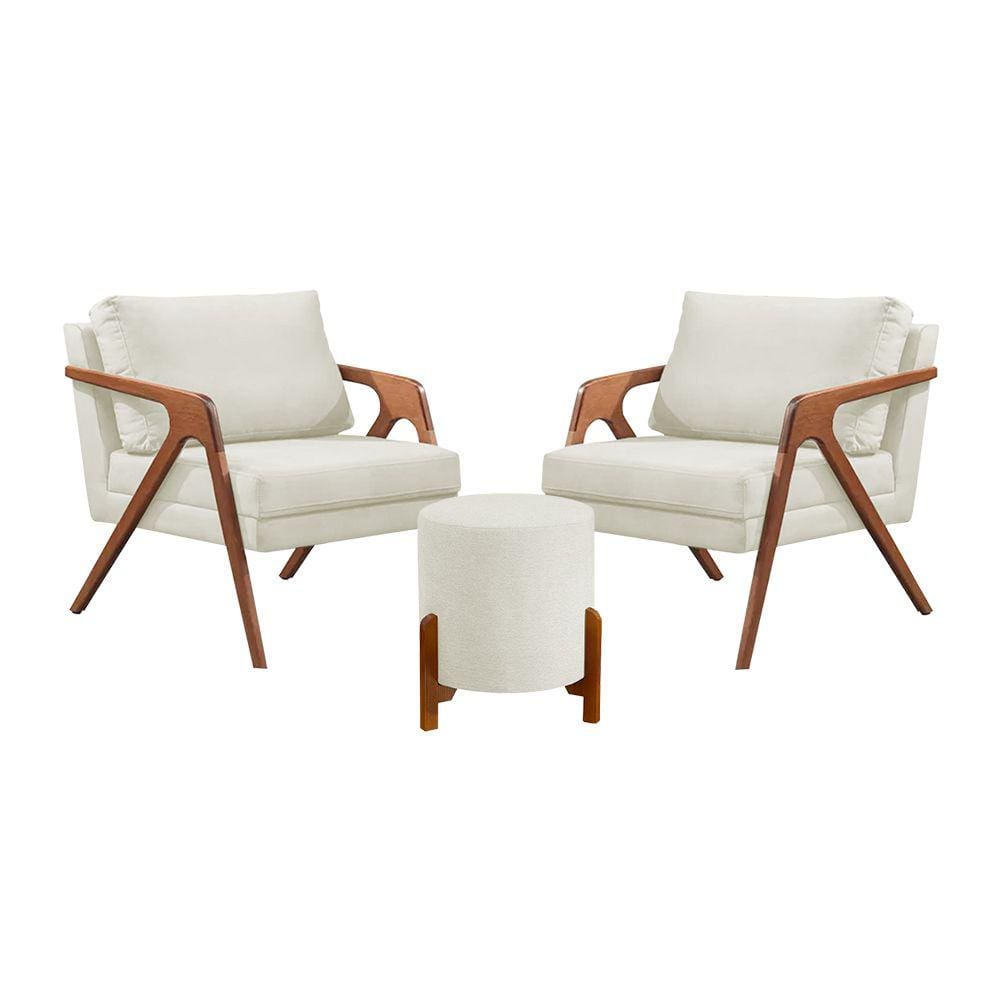 Conjunto 2 Poltronas Mona Decorativa e 1 Puff Thor Estofado Base Madeira Maciça Linho Cru