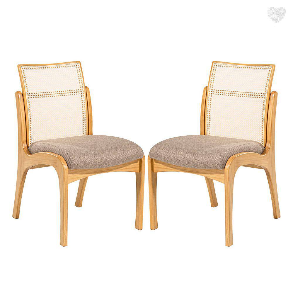 Kit 2 Cadeiras de Madeira com Encosto em Rattan Lisboa Linho Marrom Claro L87 RMI