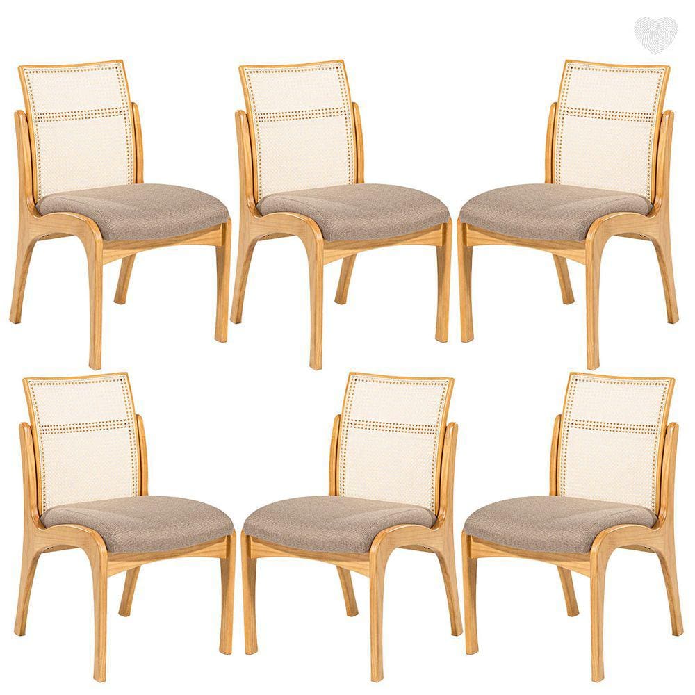 Kit 6 Cadeiras de Madeira para Mesa de Jantar com Encosto Rattan Lisboa Linho Marrom L87 RMI
