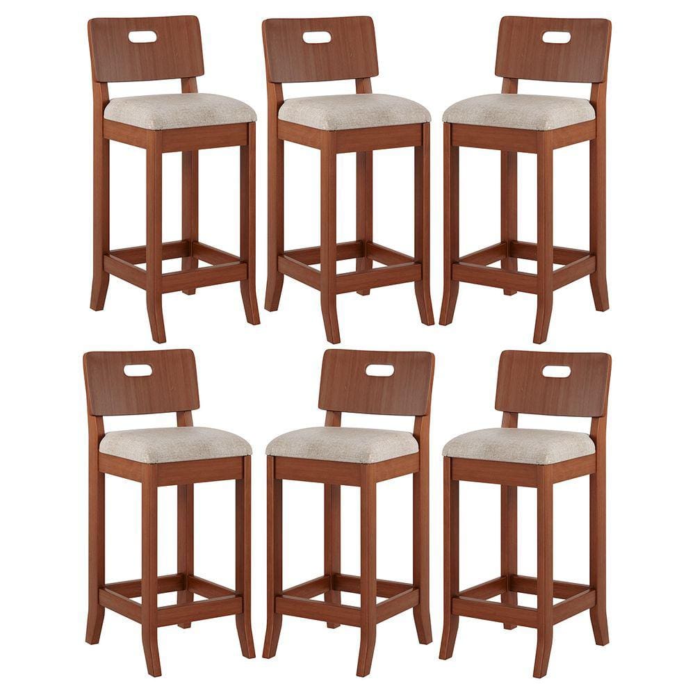 Kit 6 Banquetas Média Estofada Encosto Dubai 36x90Cm Bancada Madeira Maciça Linho Bege M58 - RMI