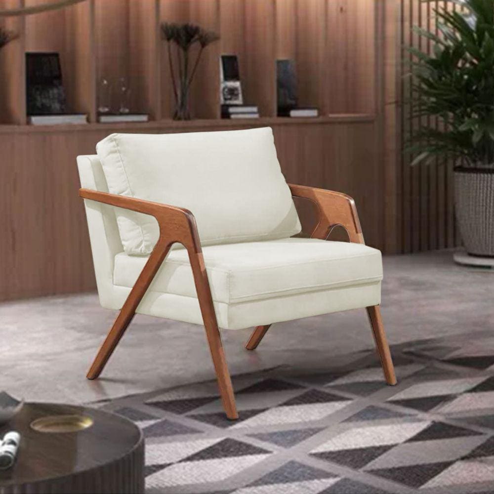 Poltrona Decorativa Mona Premium Base Madeira Maciça Linho Cru