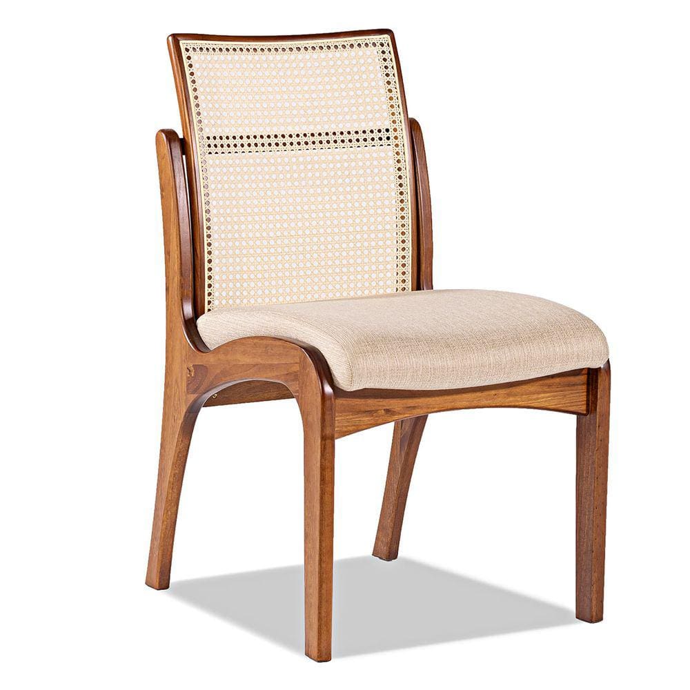 Cadeira para Mesa de Jantar Lisboa com Encosto em Rattan Madeira Maciça Linho Bege M58 RMI