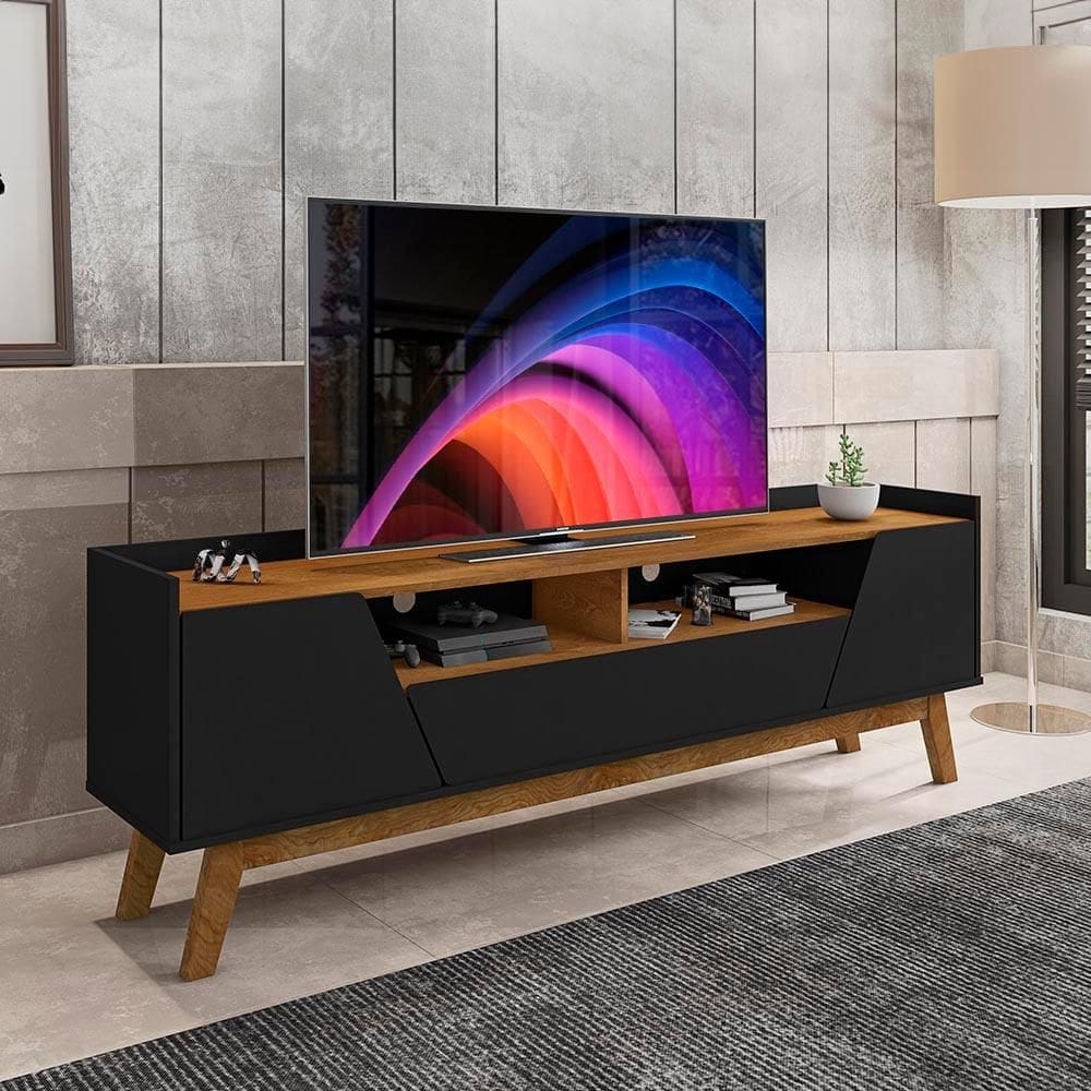 Rack Para TV Até 70 Polegadas 180 cm 2 Portas 1 Gaveta Preto Fosco Naturalle Florença Bechara