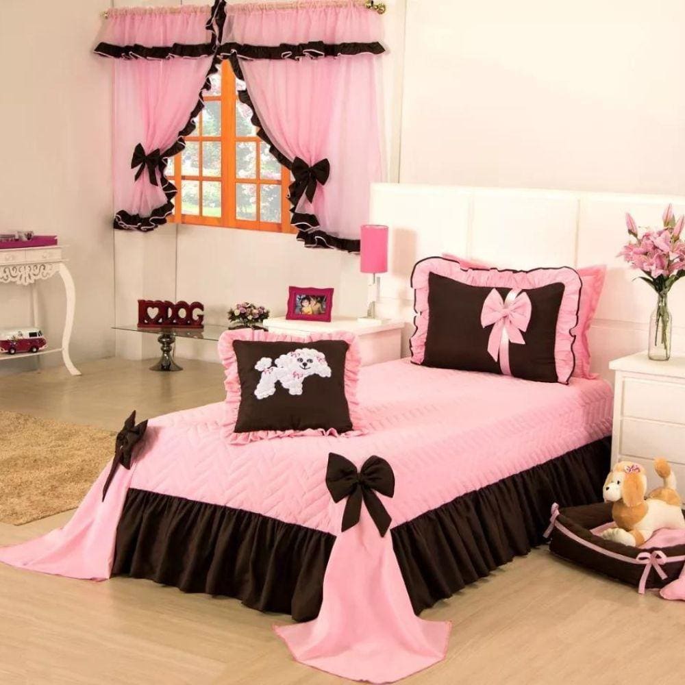 Kit Colcha Solteiro Infantil Meg Cobre Leito + Cortina 4 peças
