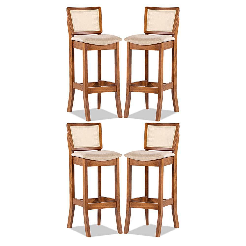 Kit 4 Banquetas Alta Portugal com Encosto em Rattan Estofado Linho Bege M58 RMI