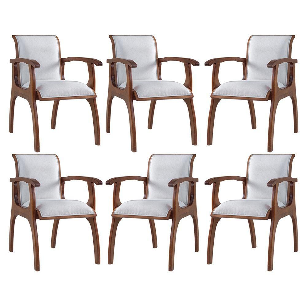 Kit 6 Cadeiras de Jantar Estofada Braço 55 x 82 Cm Barcelona Madeira Maciça Linho Bege Cru L71 - RMI