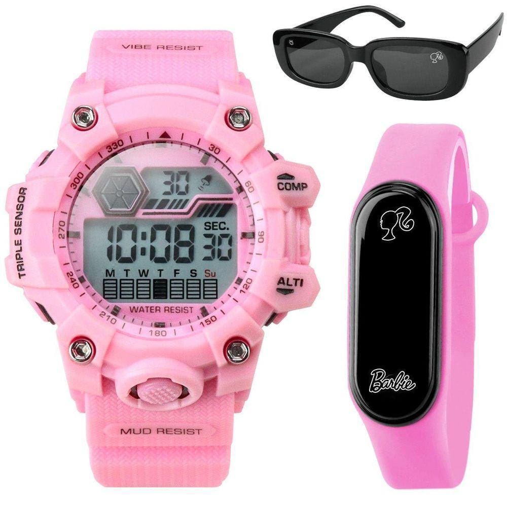 Relogio Digital Prova Dagua Rosa Led Infantil + Oculos Sol