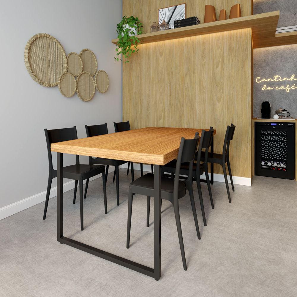 Conjunto Mesa Madeira Maciça Bernardo 1,80m Ferragem Preta com 6 Cadeiras Tramontina Preta
