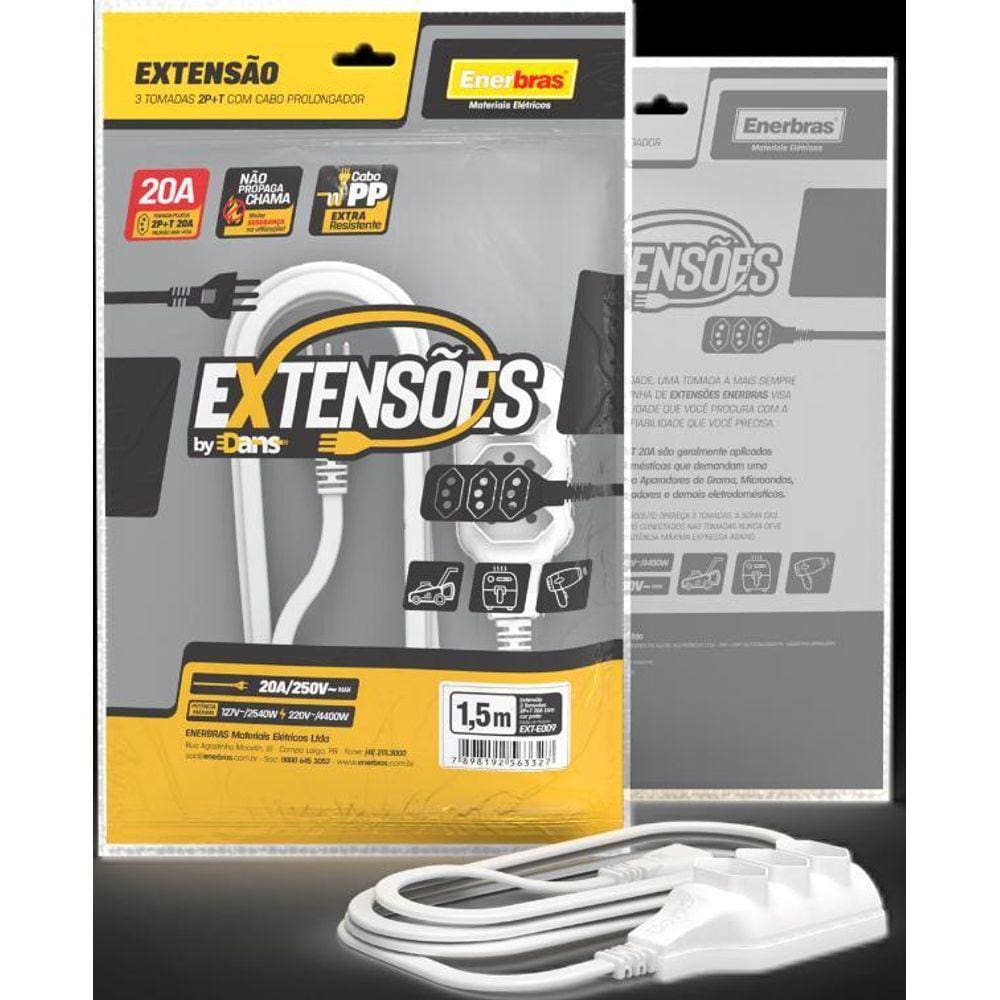 Extensão 3 Tomadas 2P+T 20A Branco 1,5 Metros Bivolt Enerbra