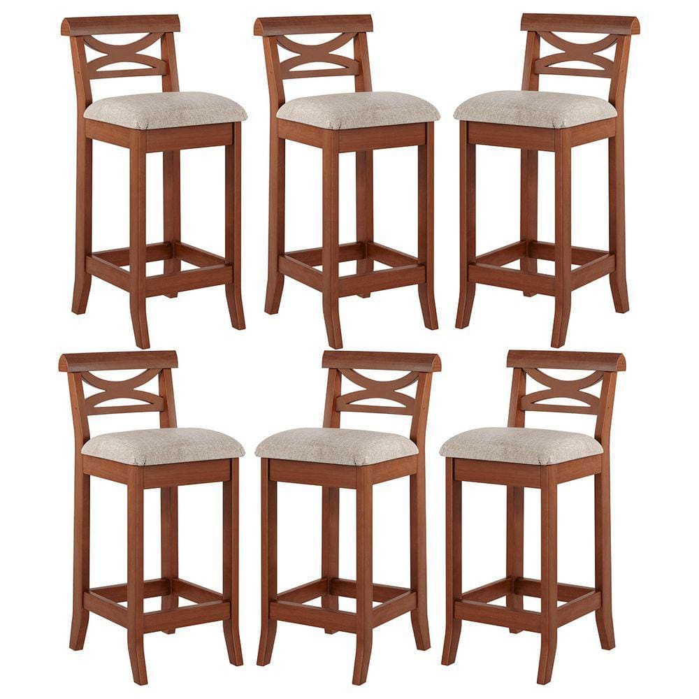 Kit 6 Banquetas Média Estofada Encosto 36x90Cm Copacabana Bancada Madeira Linho Bege M58 - RMI