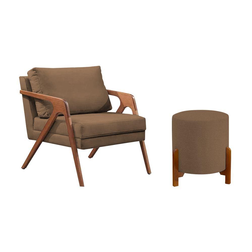 Conjunto Poltrona Mona Decorativa e Puff Thor Estofado Base Madeira Maciça Veludo Marrom