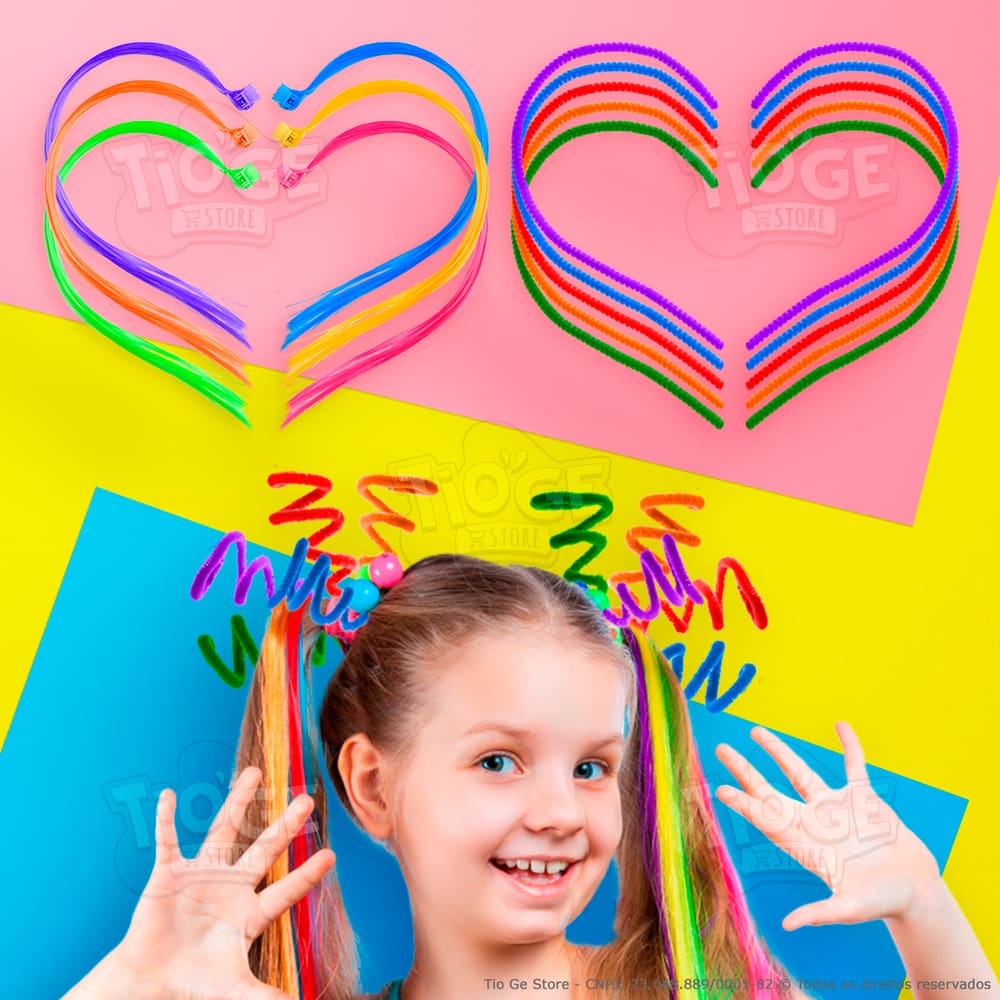 Kit Penteado Cabelo Maluco Infantil 6 Mechas de Cabelo Sintético Coloridas + 10 Hastes Flexíveis de Pelúcia Arco-íris