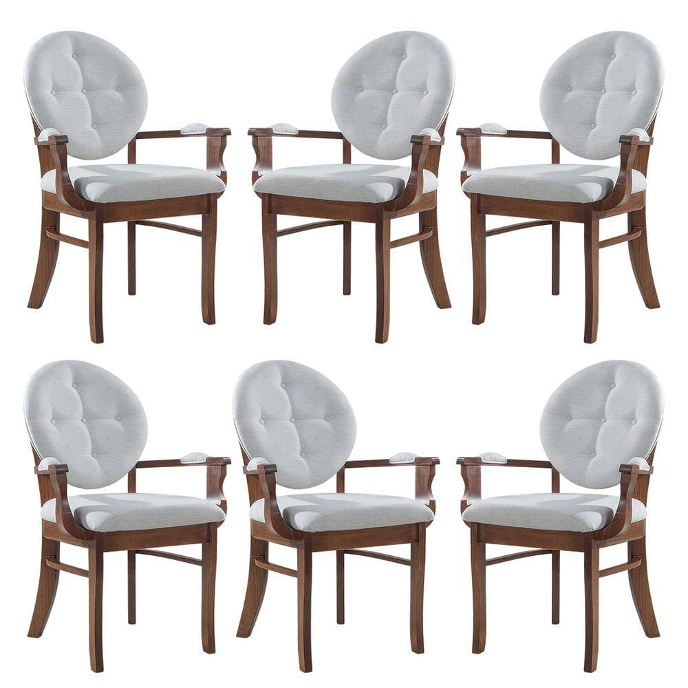 Kit 6 Cadeiras de Jantar Estofada com Braço Florence 45x94Cm Madeira Maciça Linho Bege Cru L71 - RMI