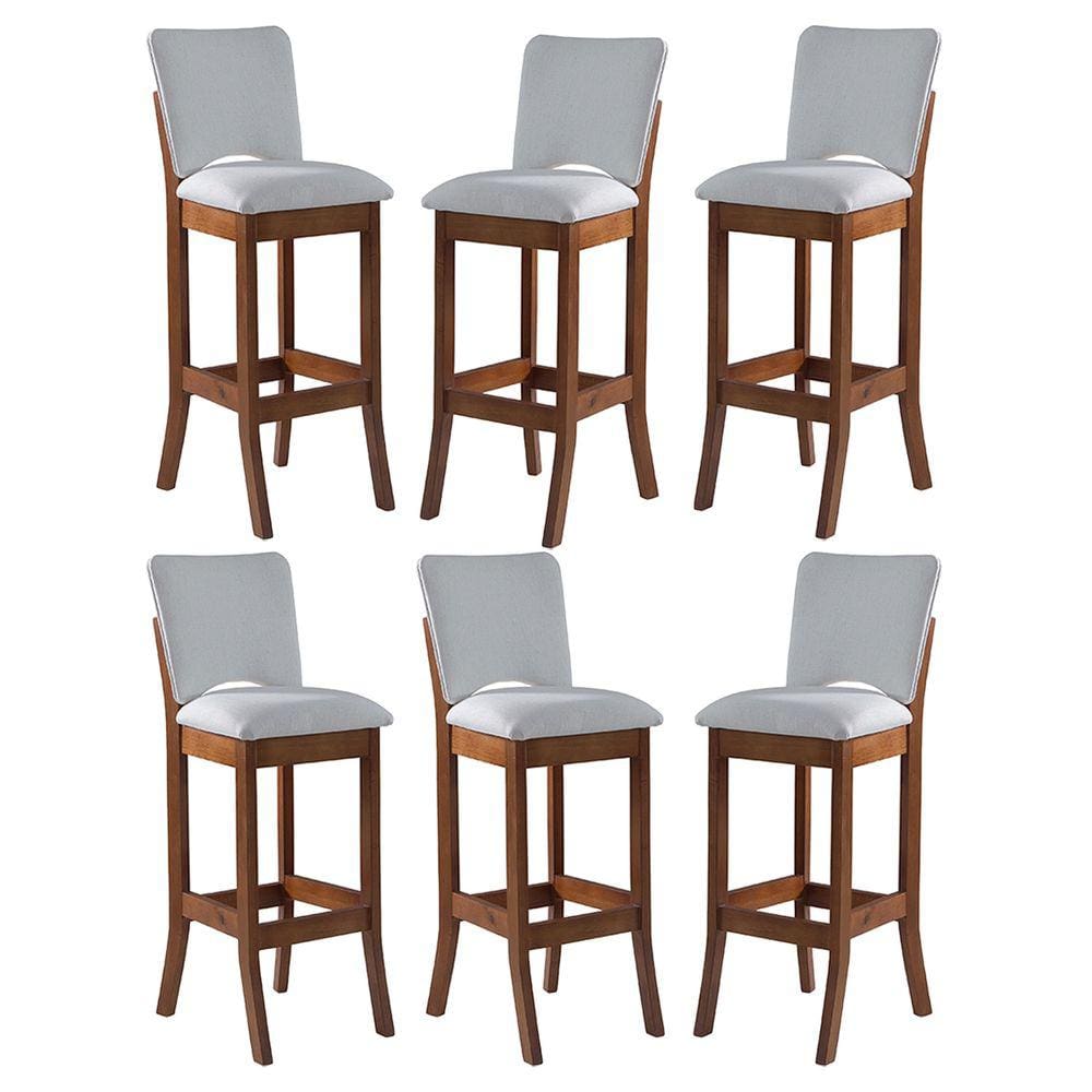 Kit 6 Banquetas Alta Estofada Bianca 38 x 108 Cm Madeira Maciça Imbuia Linho Bege Cru L71 - RMI