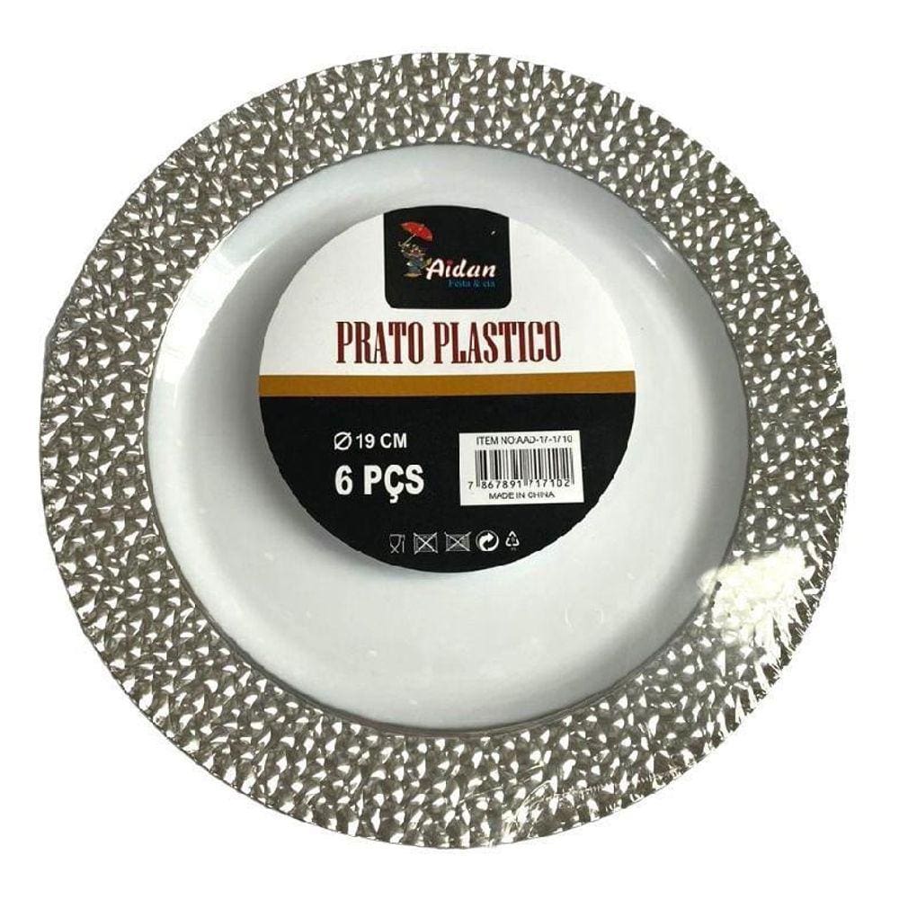 Prato Sobremesa Natal Borda Decorado Prata Acrílico-Kit 6Un