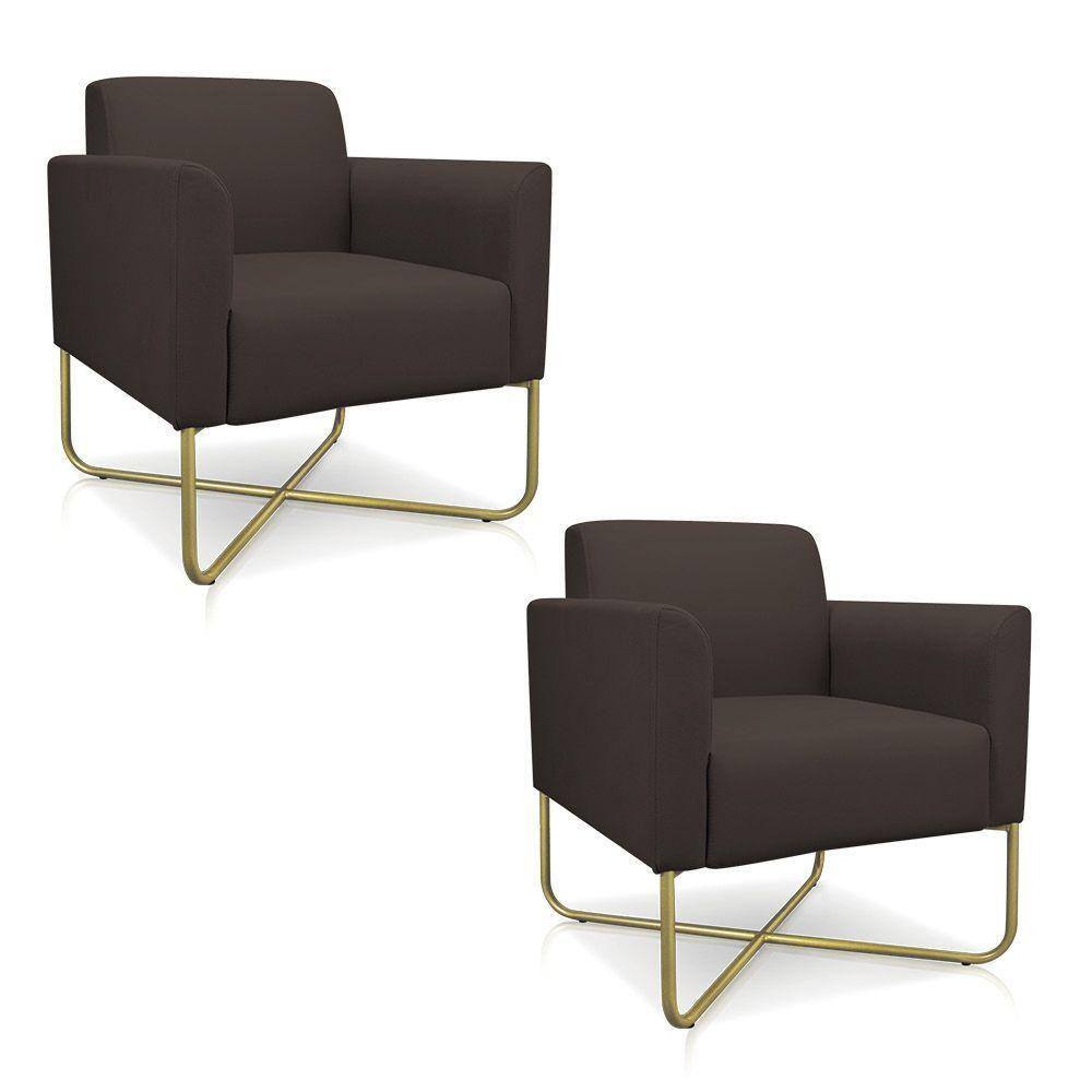 02 Poltronas Marisa Suede Marrom Base X Industrial Dourada