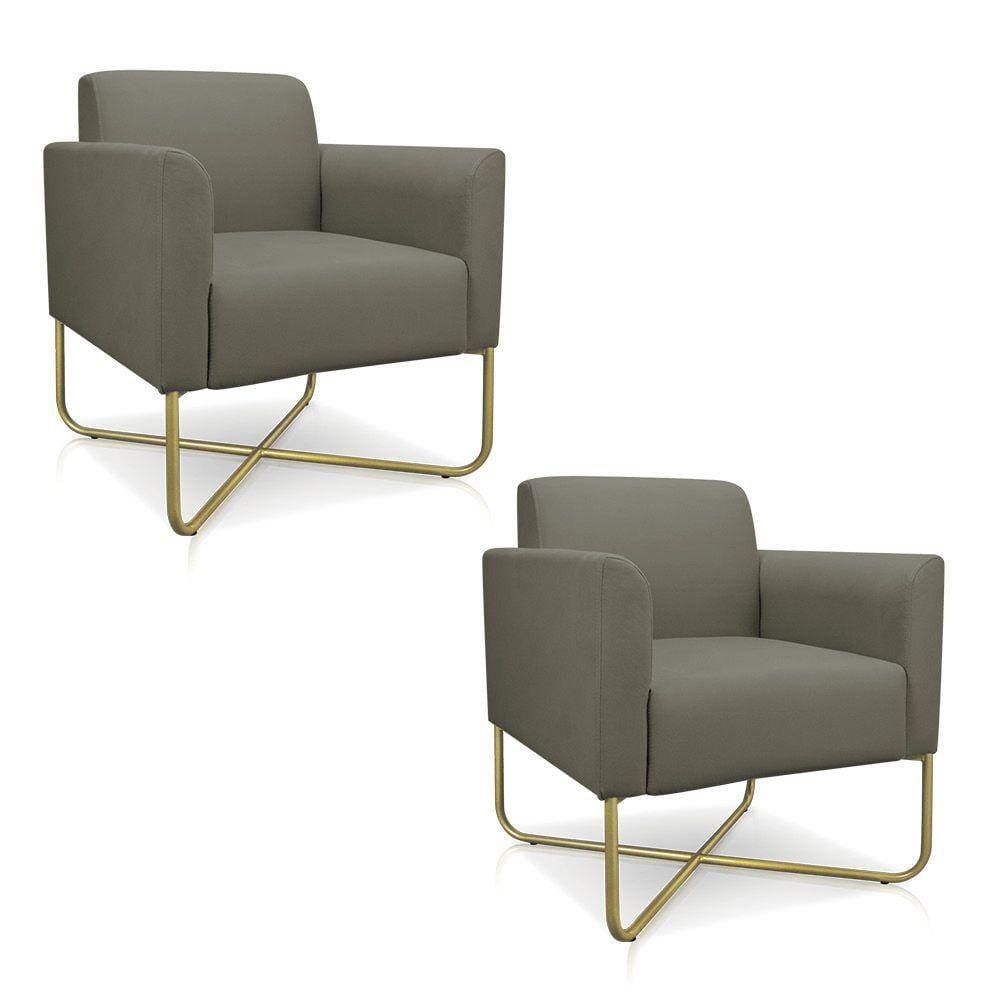 02 Poltronas Marisa Suede Base X Industrial Dourada Marrom