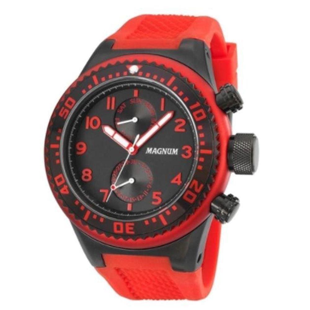 Relógio Magnum Masculino Preto Pulseira Silicone Vermelho