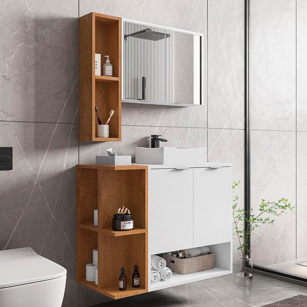 Gabinete Banheiro Com Cuba E Espelheira 70 cm Branco Naturalle Ibiza Bechara