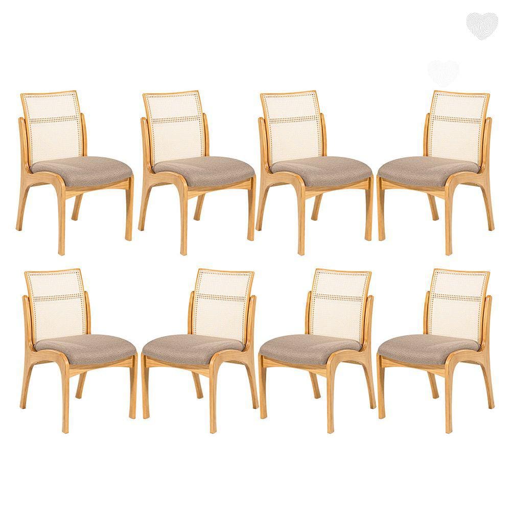 Kit 8 Cadeiras de Madeira Estofada para Mesa de Jantar Lisboa Linho Marrom com Encosto Rattan L87 RMI
