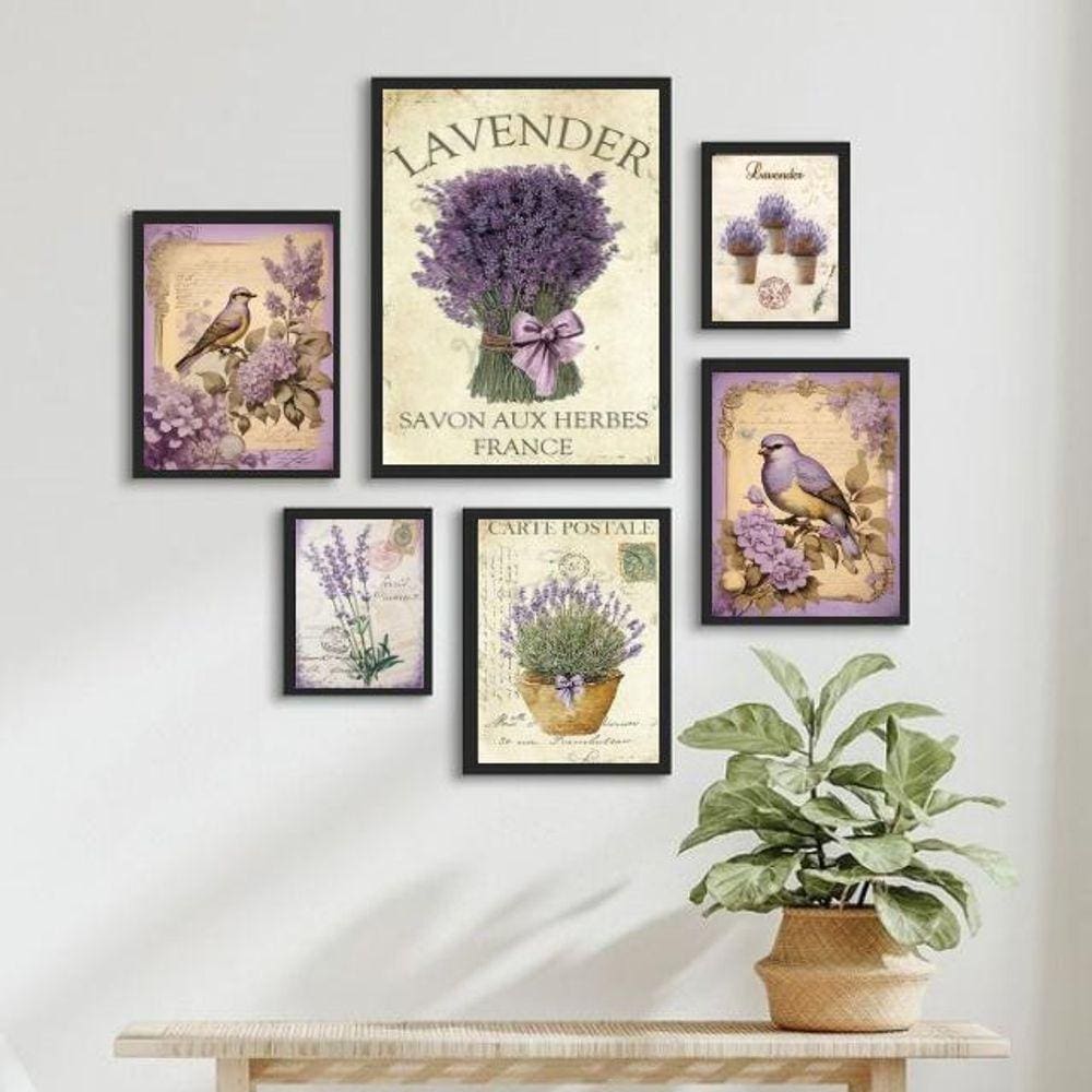Kit Composição 6 Quadros Lavanda E Pássaros