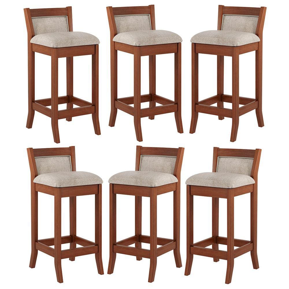Kit 6 Banquetas Média Estofada Lucca 36x83Cm Bancada Bar Balcão Madeira Maciça Linho Bege M58 - RMI