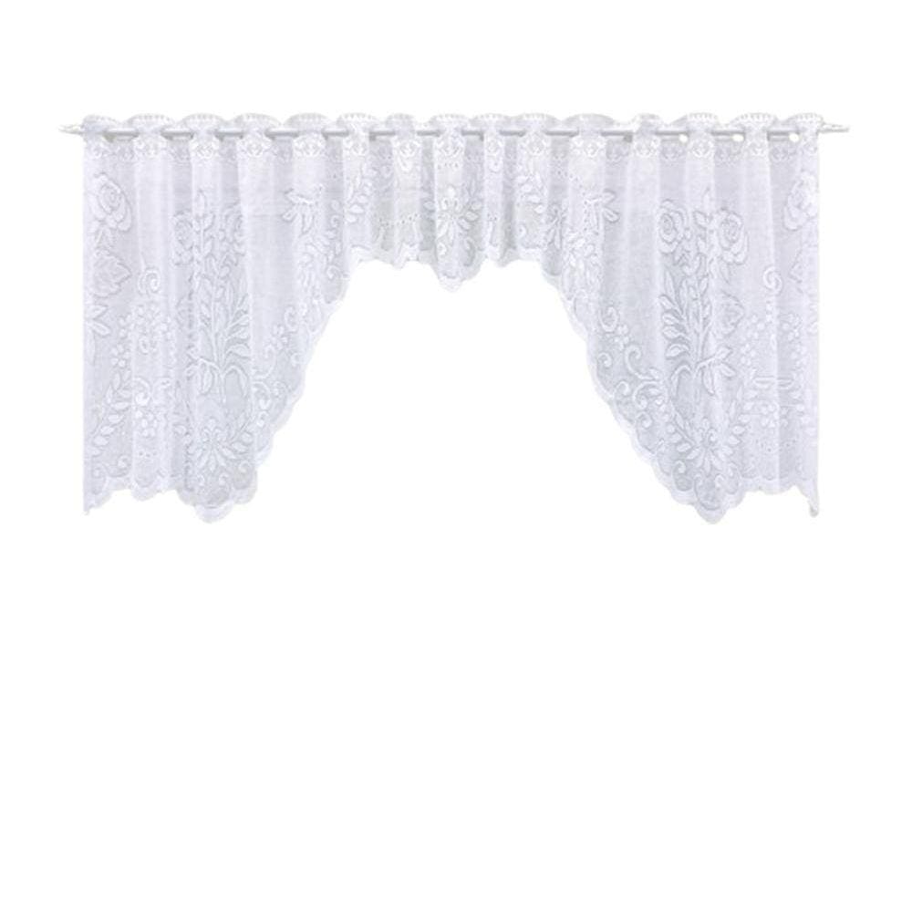 Cortina Bando Renda Cascata Cozinha Floral Branca 2,95X1,00