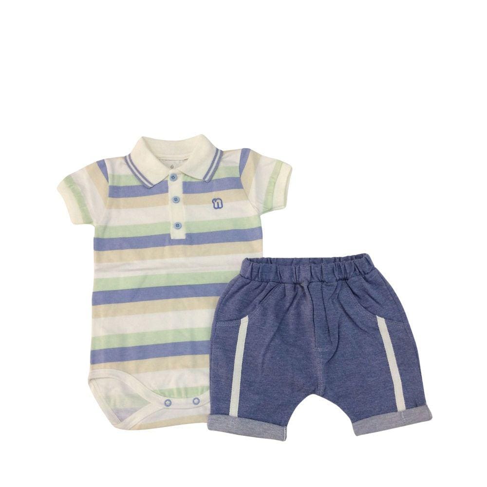 Conjunto Infantil verão Body Polo e Bermuda Noruega Azul Listra