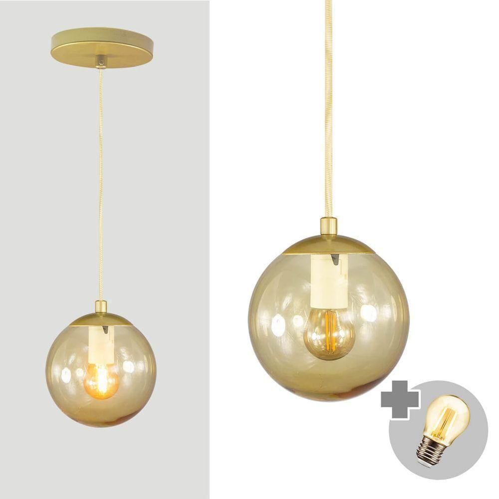 Pendente Ouro C/ Globo De Vidro Ambar De 14cm + Led 2w