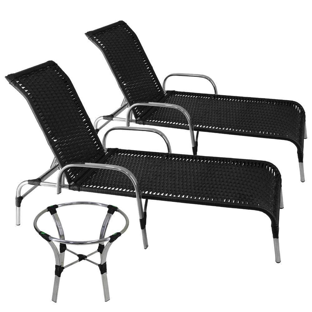 2 Espreguiçadeiras Havaí Fibra Sintética Preto E Mesa Centro Garden Alumínio Polido