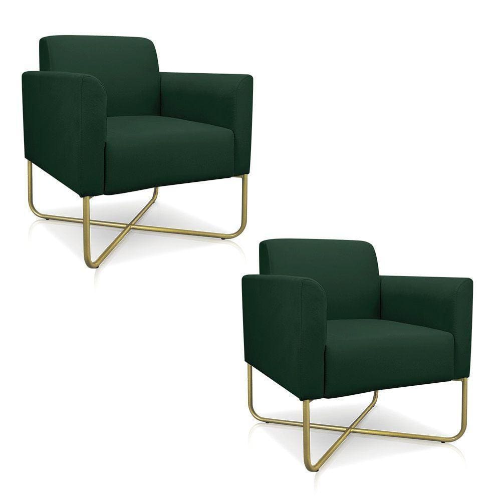 02 Poltronas Marisa Suede Base X Industrial Dourada Verde