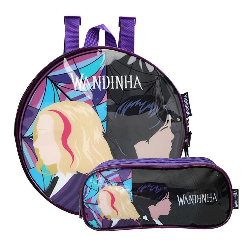 Kit Escolar Roxo Wandinha Lancheira Térmica Com Estojo Duplo