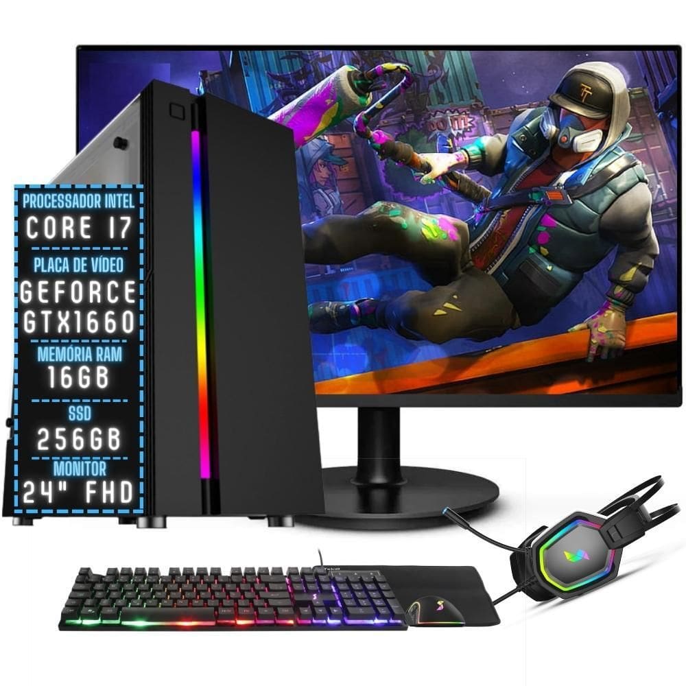 PC Gamer Completo 3green Join Intel Core i7 16GB RAM Placa de vídeo Geforce GTX 1660 Ti 6GB SSD 256GB Fonte 500W + Monitor 24" 75Hz 3GJ-079