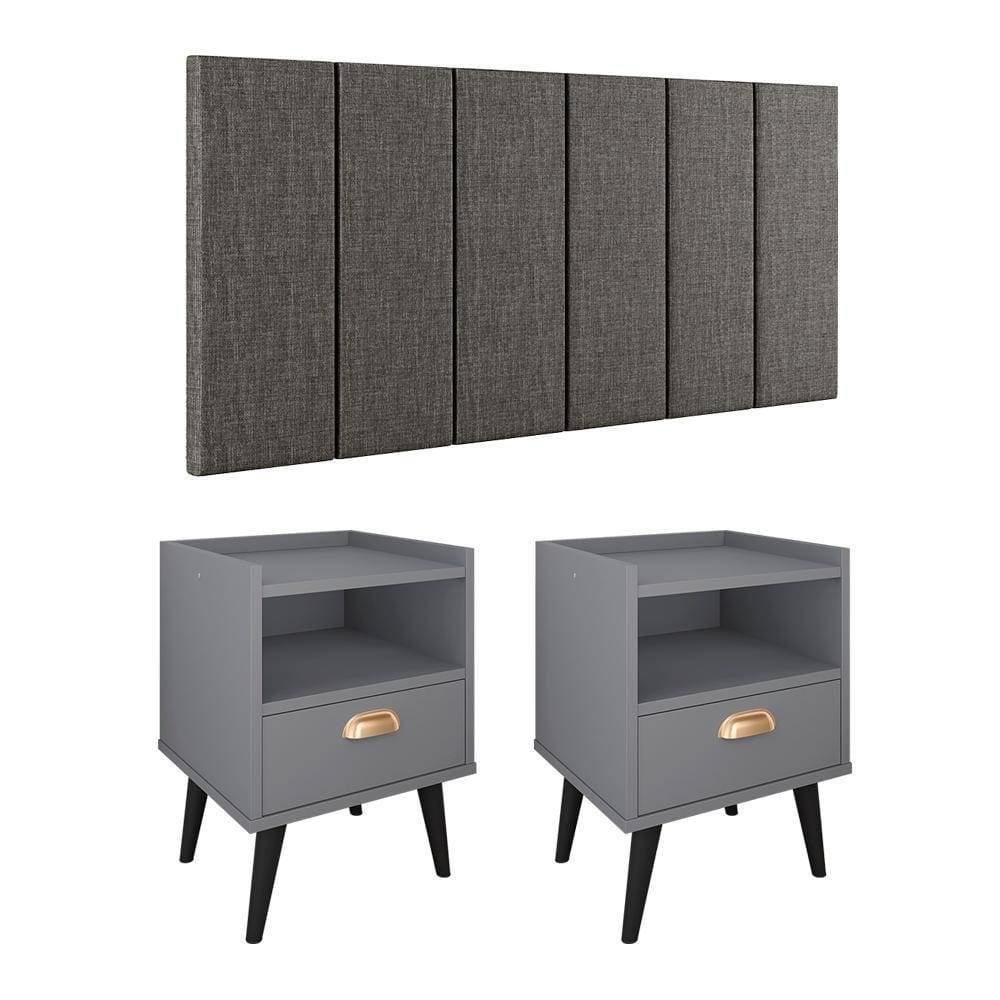 Kit 2 Mesas Estilo 1 Gaveta Cinza Cabeceira Julia Cama Box 1.40 Almofadada Suspensa Quarto Casal Cinza Linho - Lojas RPM