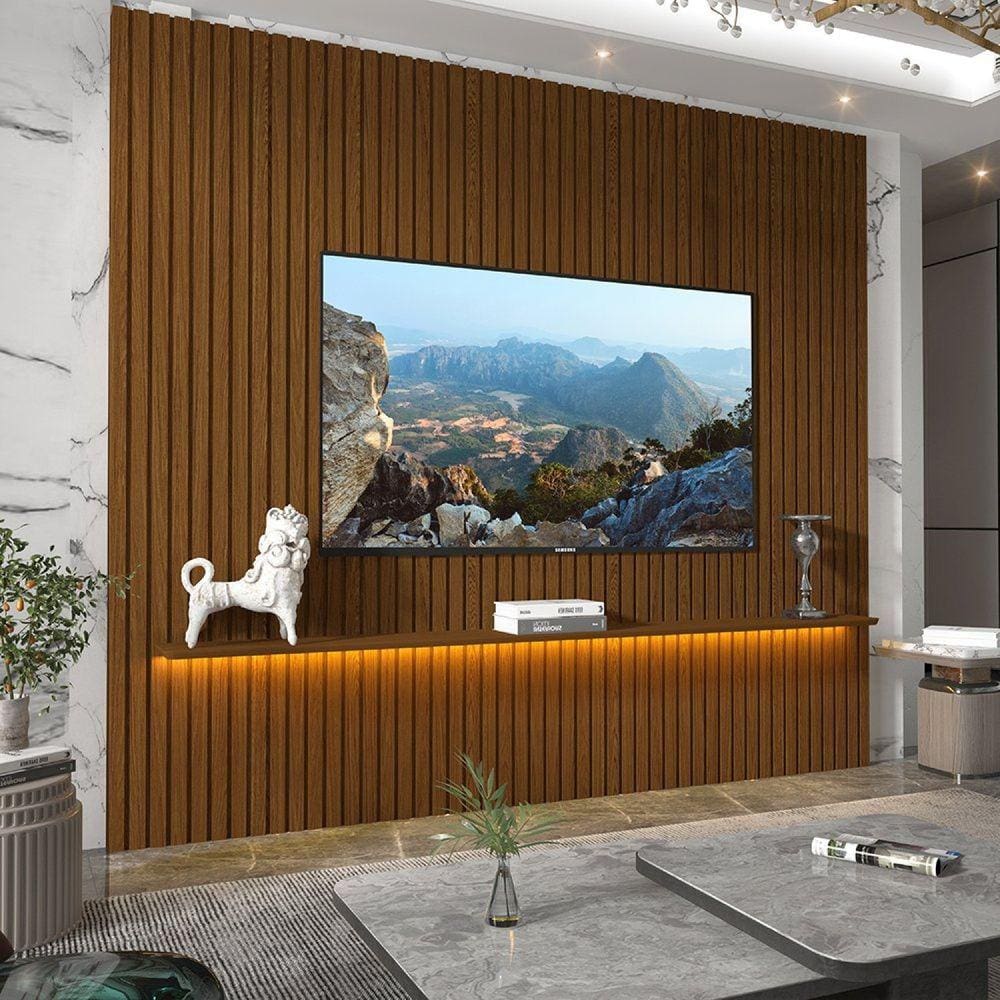 Painel Ripado para Tv até 85 Polegadas com Led 1 Prateleira Nobre 230cm Castanho