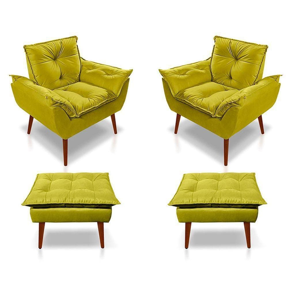 Kit C/02 Poltronas Opala + 02 Puff Opala Elegante Suede Amarelo